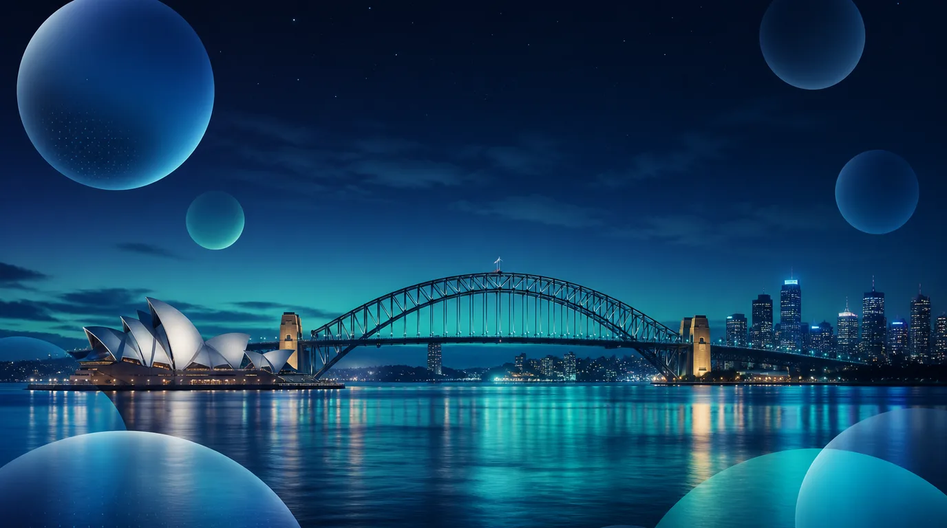 Stylised Australian harbour night scene for Super AU Lotto editorial brand